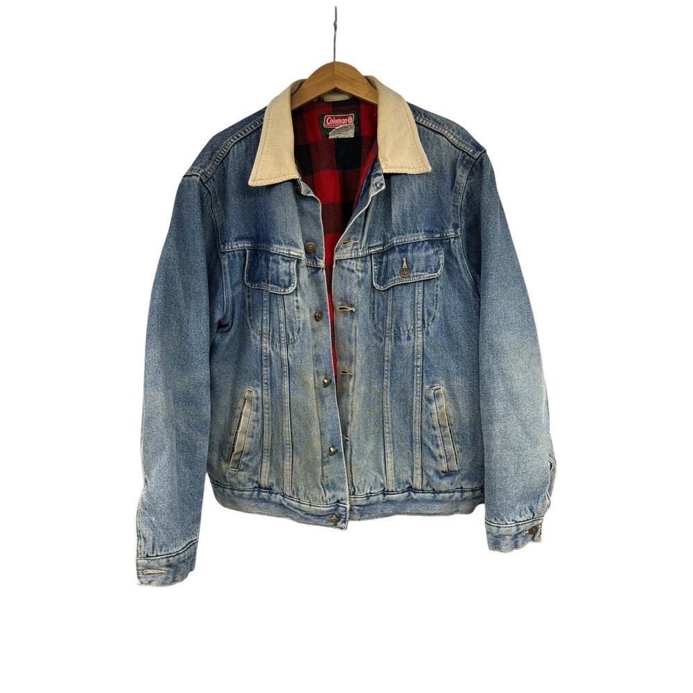 Vintage Coleman Plaid Flannel Denim Trucker Jean Jacket Sz Large Cotton Thrashed